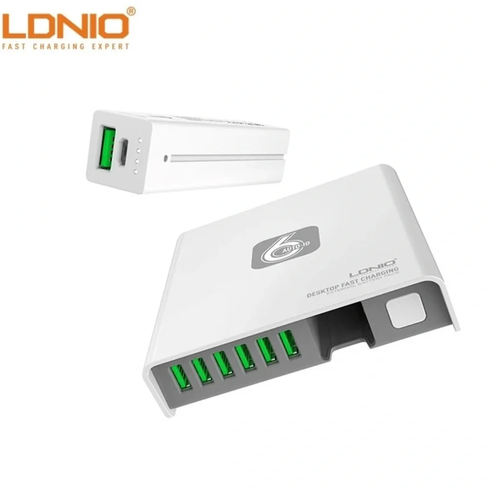 LDNIO USB charger with 6 ports. Features a sleek white design